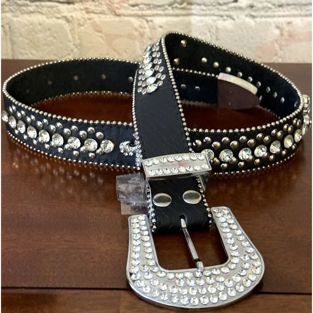Women's Black Rhinestone Leather Belt size S/M Western Style Black Belt Bling
